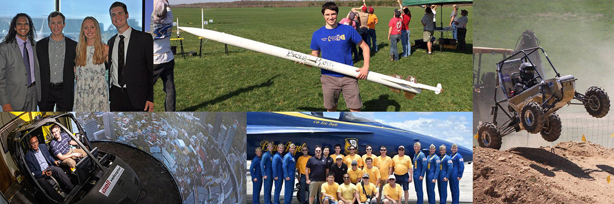 Collage of 5 photos featurnig students from SAESAC, Sigma Gamma Tau, Yellof Jacket Flying Club, and AHS