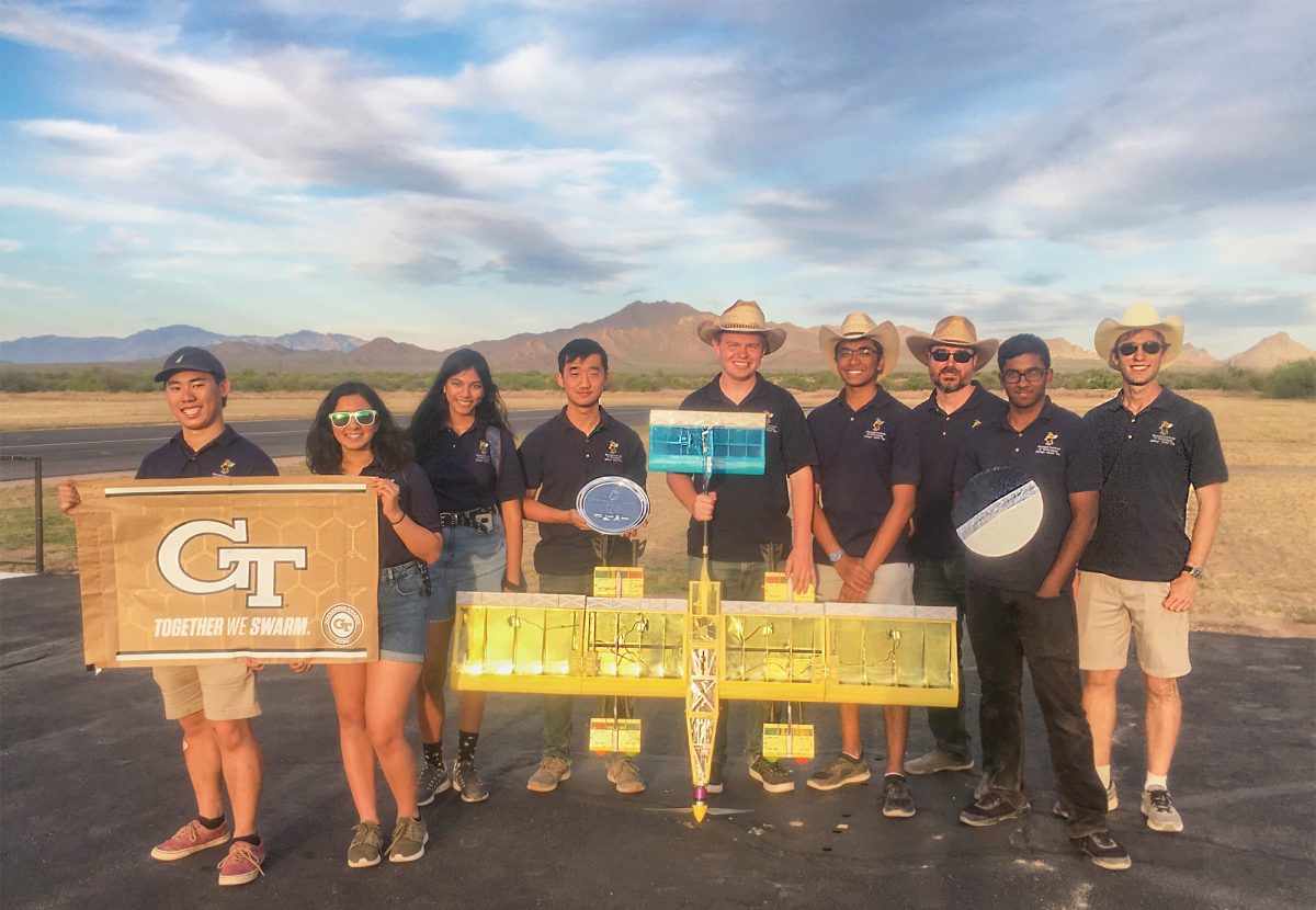 Georgia Tech team poses with their UAV after competing in the 2019 AIAA DBF Competition