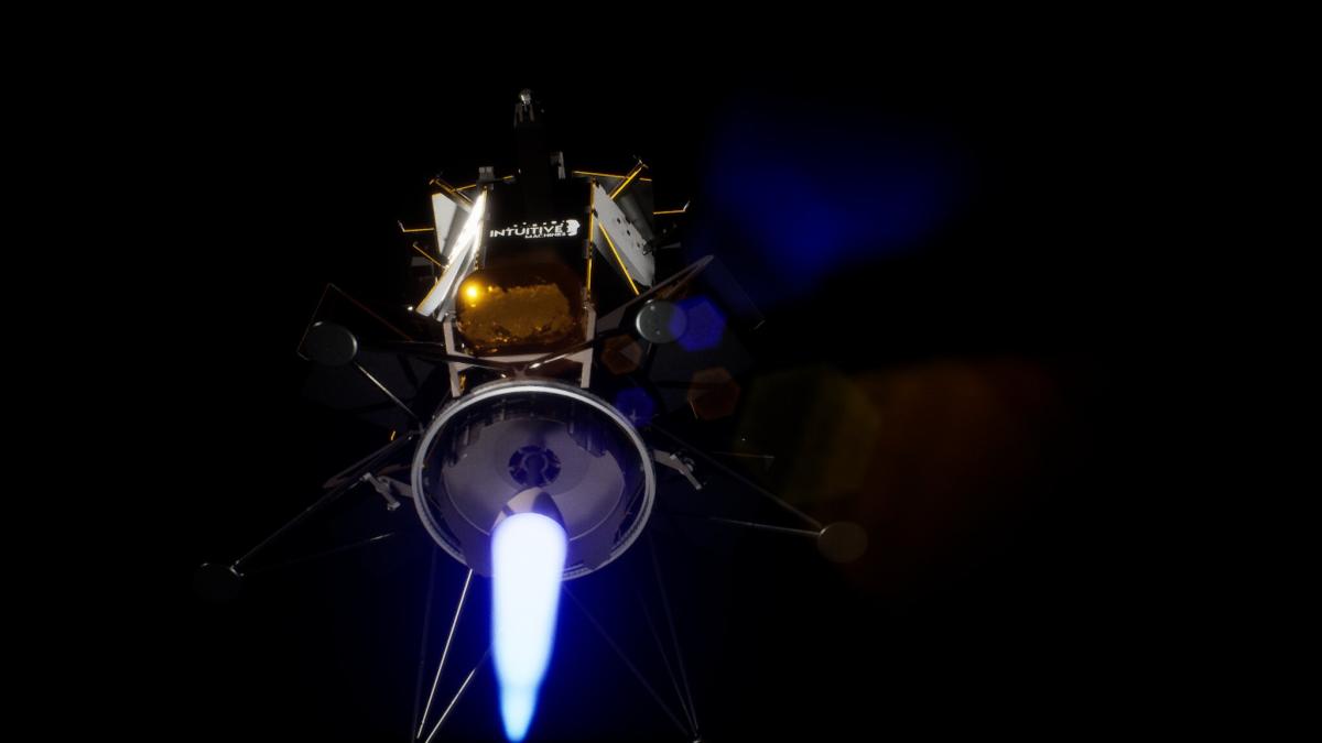 Conceptual imagery of the Nova-C lunar lander, Odysseus, attempting to land on the surface of the Moon.